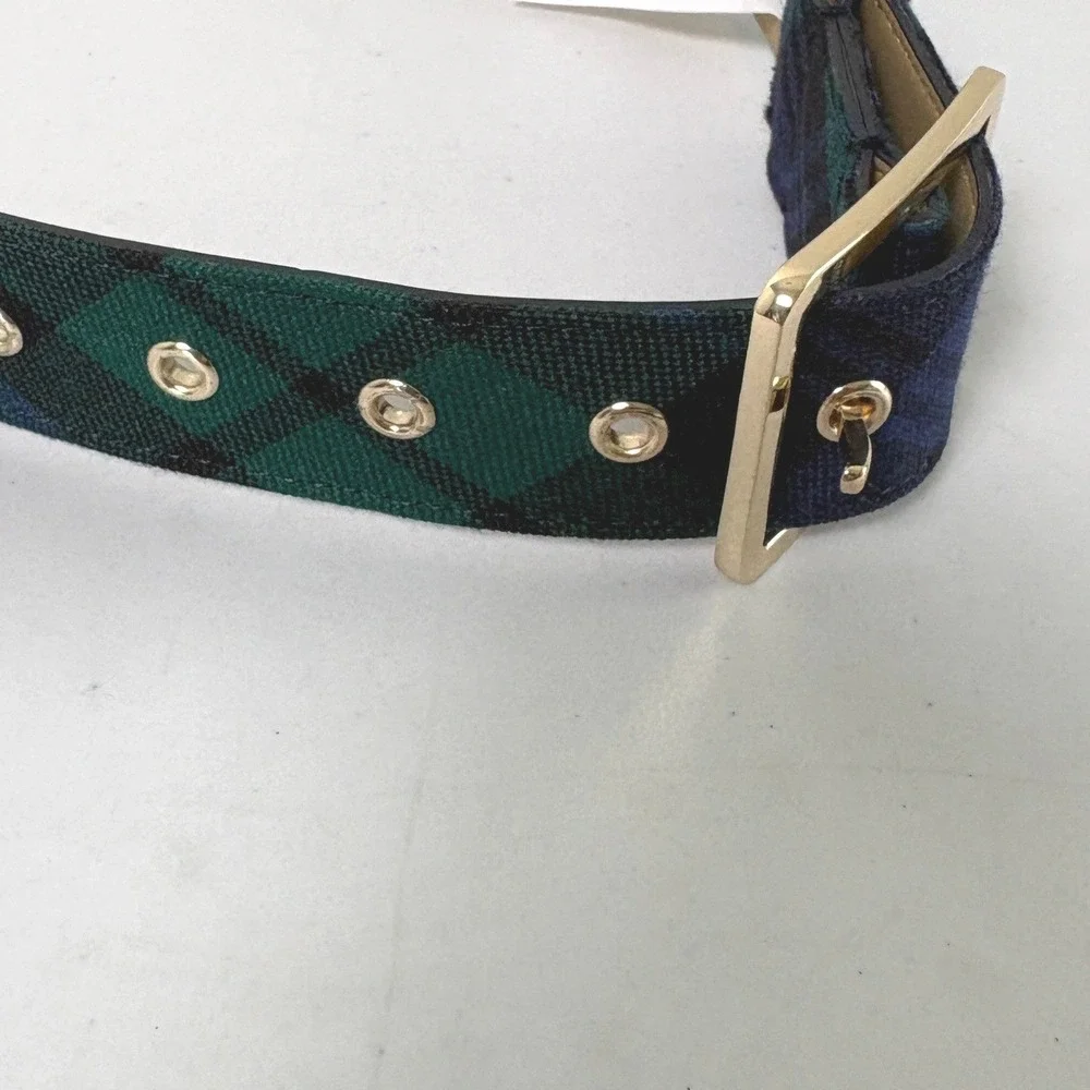 Talbots Black Watch Plaid Belt Womens M Blue Green Wool Blend Gold Buckle